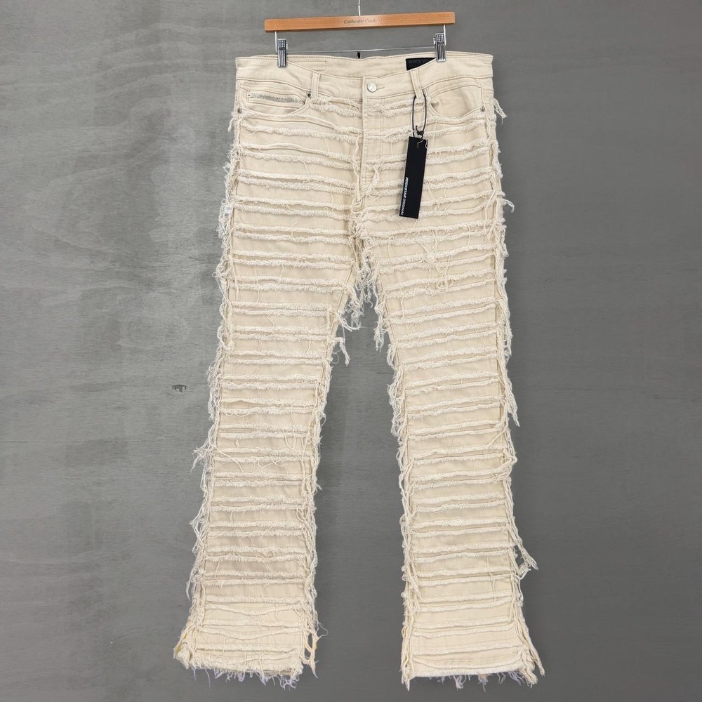 NEW Rockstar Original Cassius Stacked Flare Jeans Beige Distressed Frayed 38